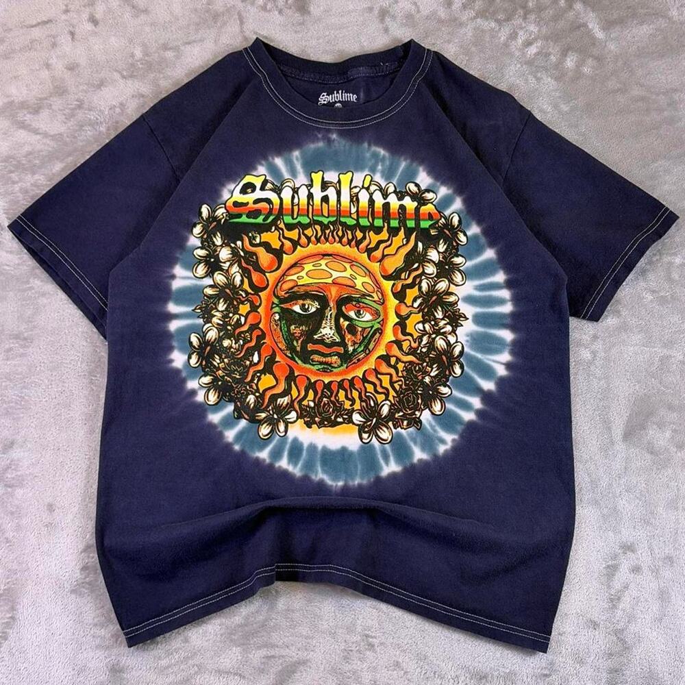 Sublime Sun Logo Tie Dye Graphic Band T Shirt Navy Blue Size Medium